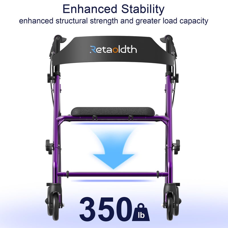 Retaoldth Foldable Rollator Walker with Seat for Seniors, Easy Folding & One-Hand Carry, Walkers for Seniors-All-Terrain Wheels, Height Adjustable Lightweight Rolling Walker for Elderly, Purple - Image 4