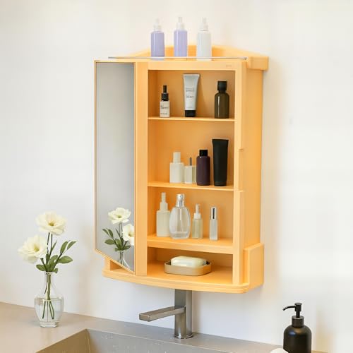 Kuber Industries Plastic Bathroom Mirror with Cabinet Storage Organiser | Multiple Compartment Washroom Shelves Wall Mounted | Ample Drawer Capacity for Personal Care Items | Gold - Image 1
