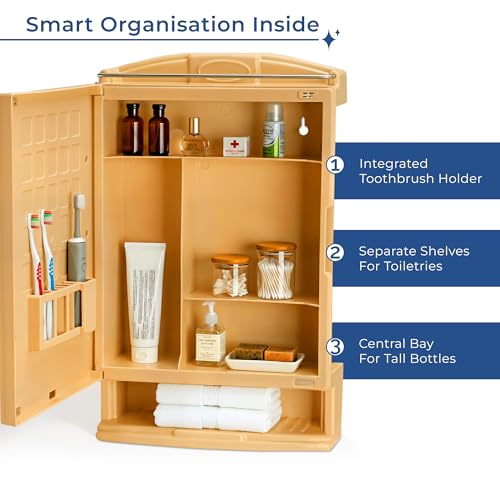 Kuber Industries Plastic Bathroom Mirror with Cabinet Storage Organiser | Multiple Compartment Washroom Shelves Wall Mounted | Ample Drawer Capacity for Personal Care Items | Gold - Image 2