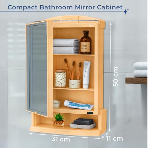 Kuber Industries Plastic Bathroom Mirror with Cabinet Storage Organiser | Multiple Compartment Washroom Shelves Wall Mounted | Ample Drawer Capacity for Personal Care Items | Gold - Image 3