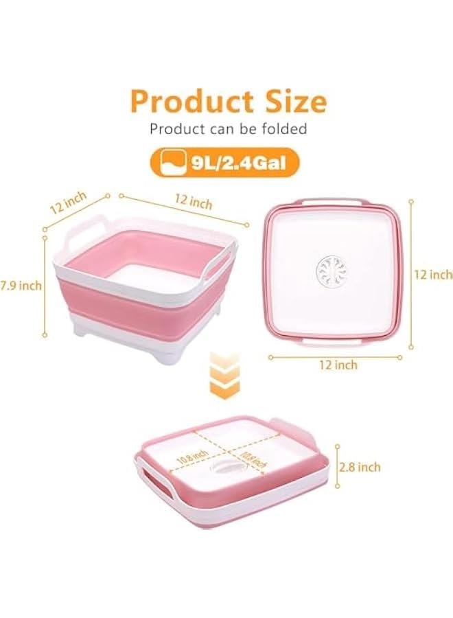TRASSLE Collapsible Wash Basin 9L-Dish Pans for Washing Dishes in Sink Washing Basin with Drain Plug-Multiuse Foldable Sink Tub Dish Washing Tub Portable Sink (PINK) - Image 2