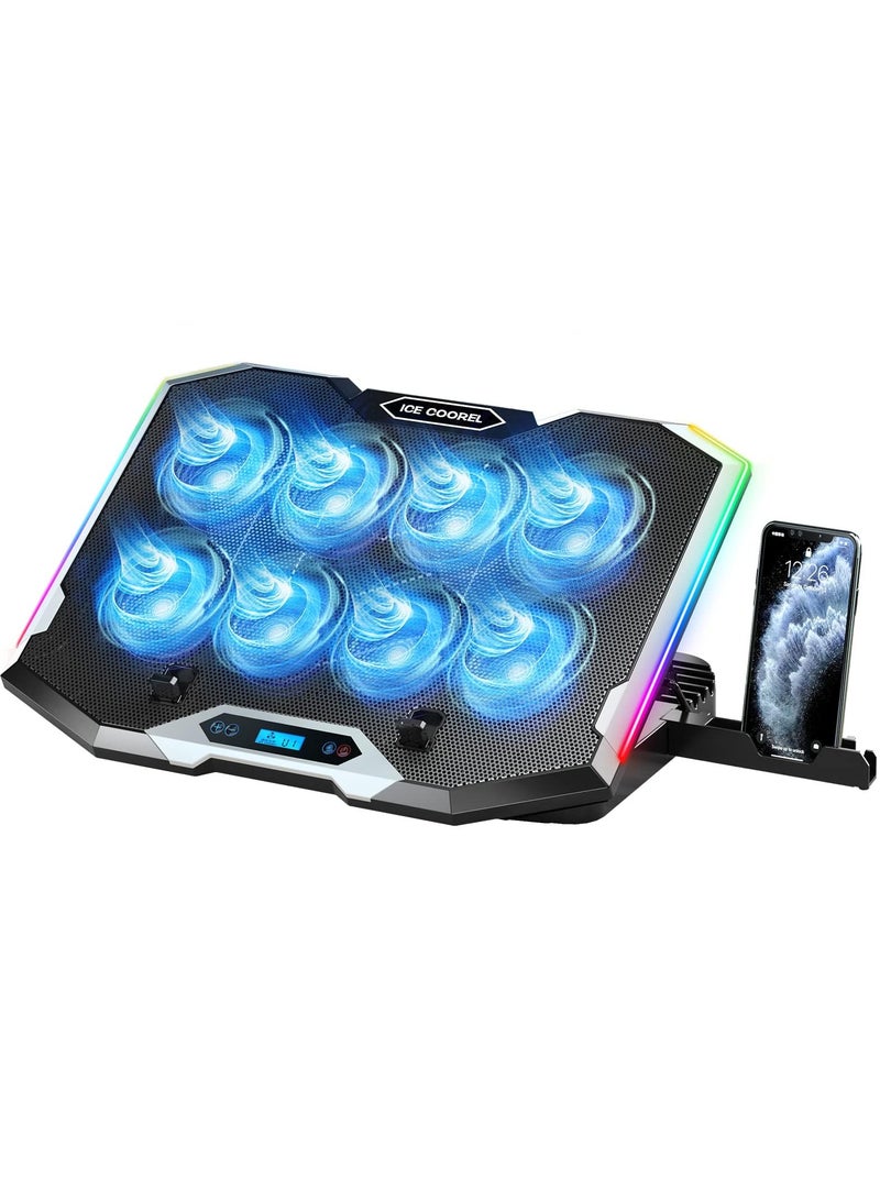 آيس كوريل لوحة تبريد لأجهزة الكمبيوتر المحمولة للألعاب مع 8 مراوح تبريد، لوحة تبريد بمروحة لأجهزة الكمبيوتر المحمولة مقاس 15-17.3 بوصة، حامل تبريد لأجهزة الكمبيوتر المحمولة مع 6 ارتفاعات قابلة للتعديل، لوحة تبريد RGB مع منفذي USB + حامل للهاتف - Image 1