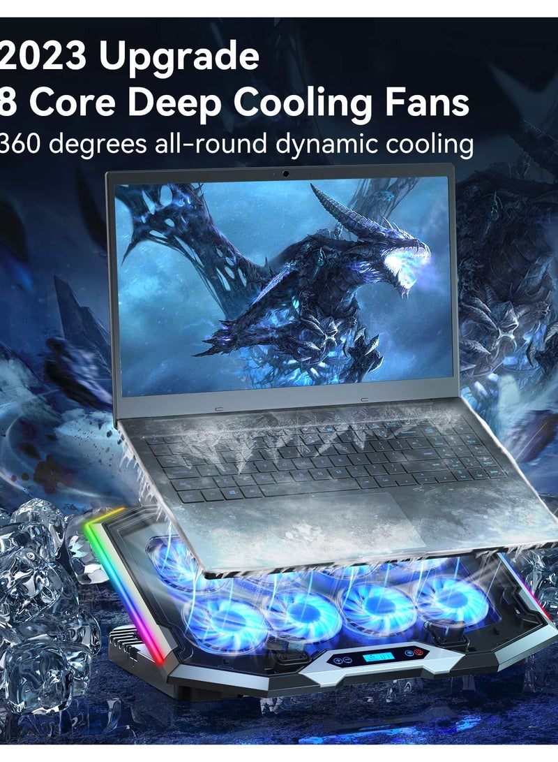آيس كوريل لوحة تبريد لأجهزة الكمبيوتر المحمولة للألعاب مع 8 مراوح تبريد، لوحة تبريد بمروحة لأجهزة الكمبيوتر المحمولة مقاس 15-17.3 بوصة، حامل تبريد لأجهزة الكمبيوتر المحمولة مع 6 ارتفاعات قابلة للتعديل، لوحة تبريد RGB مع منفذي USB + حامل للهاتف - Image 2
