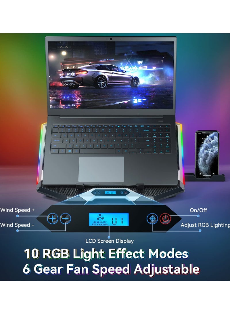 آيس كوريل لوحة تبريد لأجهزة الكمبيوتر المحمولة للألعاب مع 8 مراوح تبريد، لوحة تبريد بمروحة لأجهزة الكمبيوتر المحمولة مقاس 15-17.3 بوصة، حامل تبريد لأجهزة الكمبيوتر المحمولة مع 6 ارتفاعات قابلة للتعديل، لوحة تبريد RGB مع منفذي USB + حامل للهاتف - Image 3