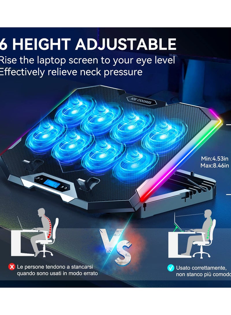 آيس كوريل لوحة تبريد لأجهزة الكمبيوتر المحمولة للألعاب مع 8 مراوح تبريد، لوحة تبريد بمروحة لأجهزة الكمبيوتر المحمولة مقاس 15-17.3 بوصة، حامل تبريد لأجهزة الكمبيوتر المحمولة مع 6 ارتفاعات قابلة للتعديل، لوحة تبريد RGB مع منفذي USB + حامل للهاتف - Image 4