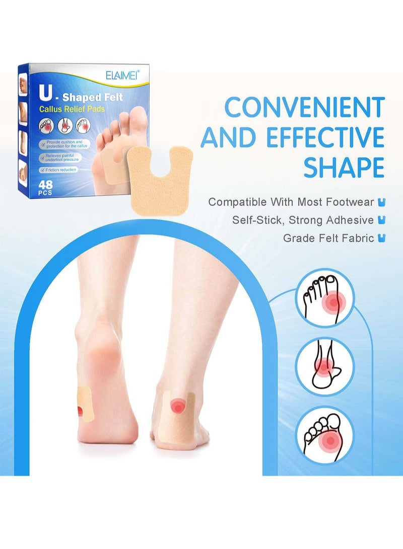 Elaimei U-Shaped Felt Callus Relief Pads, Callous Remover Self-Adhesive Cushion Reduce Foot and Heel Pain 48Pcs  - Image 2