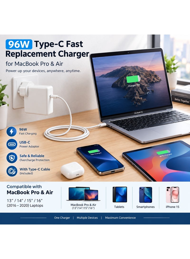 زامفا شاحن بديل سريع من النوع C بقوة 96 واط لأجهزة MacBook Pro وAir | متوافق مع أجهزة الكمبيوتر المحمولة مقاس 13/14/15/16 بوصة (2016-2020) | محول طاقة Thunderbolt USB-C مع كابل للأجهزة اللوحية والهواتف الذكية وiPhone 15 - Image 2