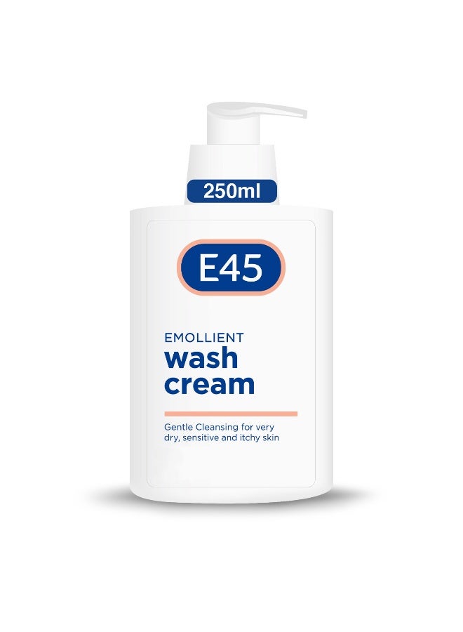 E45 Emollient Hand and Body Wash Cream, Gentle Cleansing For Very Dry, Sensitive and Itchy Skin, Soap Free, Suitable for Eczema, Dermatitis and Psoriasis, 250ml