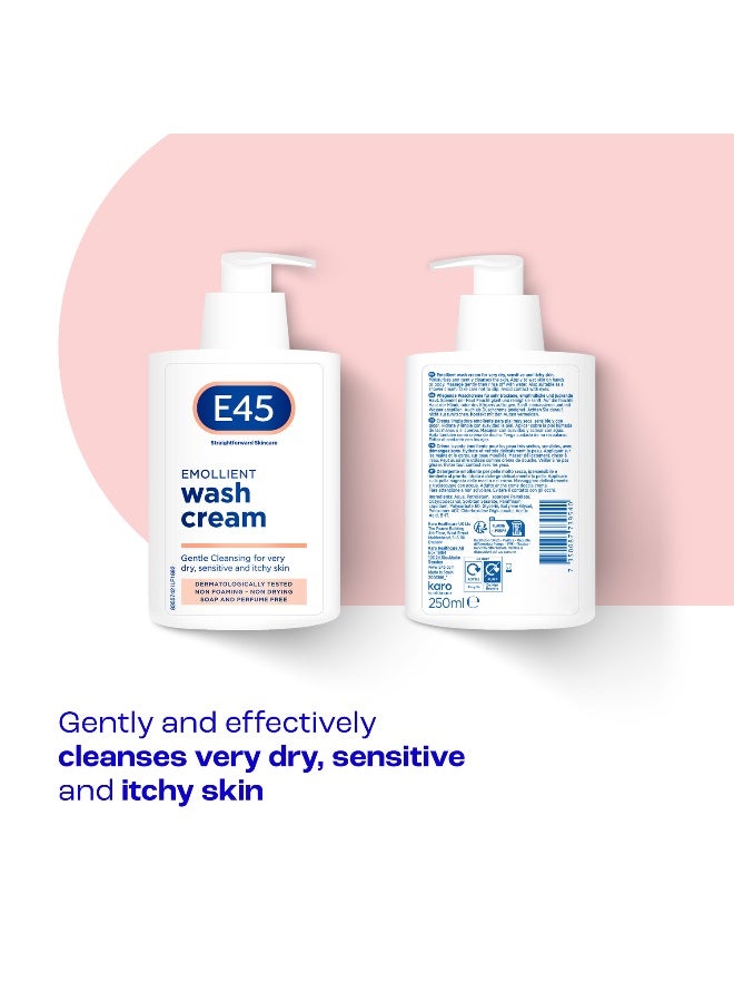 E45 Emollient Hand and Body Wash Cream, Gentle Cleansing For Very Dry, Sensitive and Itchy Skin, Soap Free, Suitable for Eczema, Dermatitis and Psoriasis, 250ml - Image 2