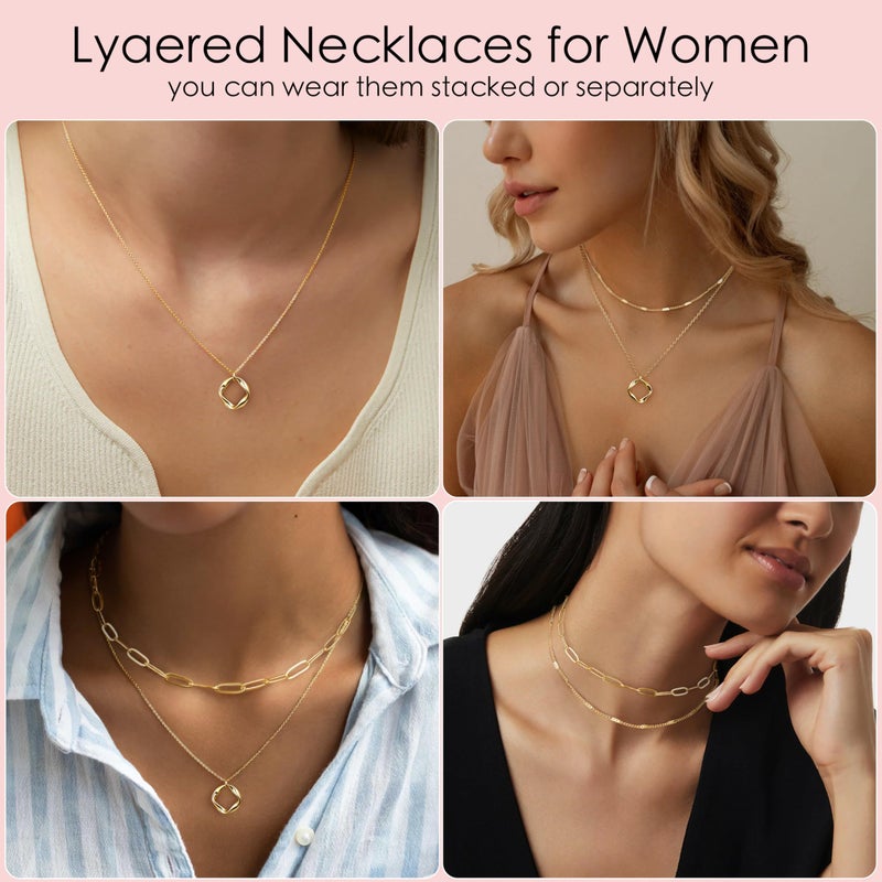 Poxtex Layered Gold Necklaces for Women,14k Gold Plated Dainty Stackable Choker Necklaces for Women Trendy Layering Geometric Pendant Paperclip Dot Chain Necklace Set Jewelry Set Gifts - Image 5