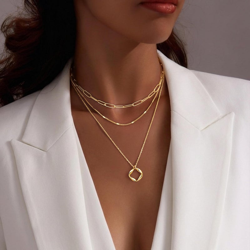 Poxtex Layered Gold Necklaces for Women,14k Gold Plated Dainty Stackable Choker Necklaces for Women Trendy Layering Geometric Pendant Paperclip Dot Chain Necklace Set Jewelry Set Gifts - Image 3