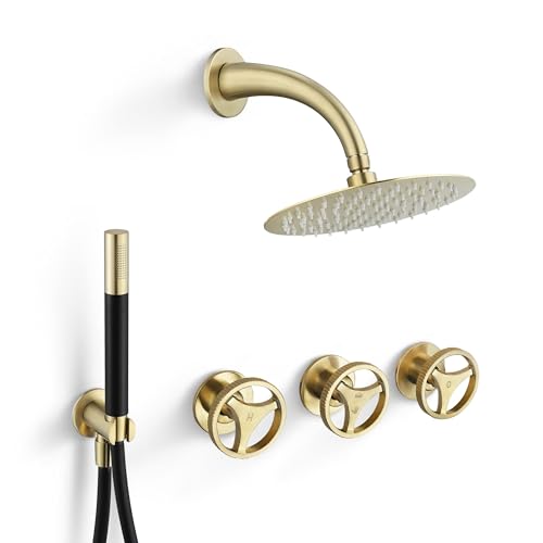 SKOWLL Rainfall Shower Faucet Set 3 Handle Shower Fixtures System Wall Mount 10 Inch Bathroom Shower Head Kit with 2 Function Shower Valve, Brushed Gold - Image 1