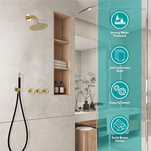 SKOWLL Rainfall Shower Faucet Set 3 Handle Shower Fixtures System Wall Mount 10 Inch Bathroom Shower Head Kit with 2 Function Shower Valve, Brushed Gold - Image 3