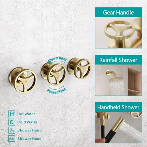 SKOWLL Rainfall Shower Faucet Set 3 Handle Shower Fixtures System Wall Mount 10 Inch Bathroom Shower Head Kit with 2 Function Shower Valve, Brushed Gold - Image 4