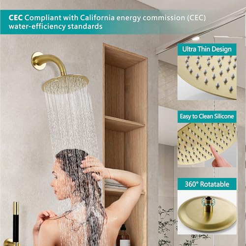 SKOWLL Rainfall Shower Faucet Set 3 Handle Shower Fixtures System Wall Mount 10 Inch Bathroom Shower Head Kit with 2 Function Shower Valve, Brushed Gold - Image 5