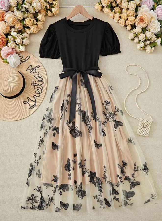 Multi Embroidered Butterfly A-Line Midi Dress