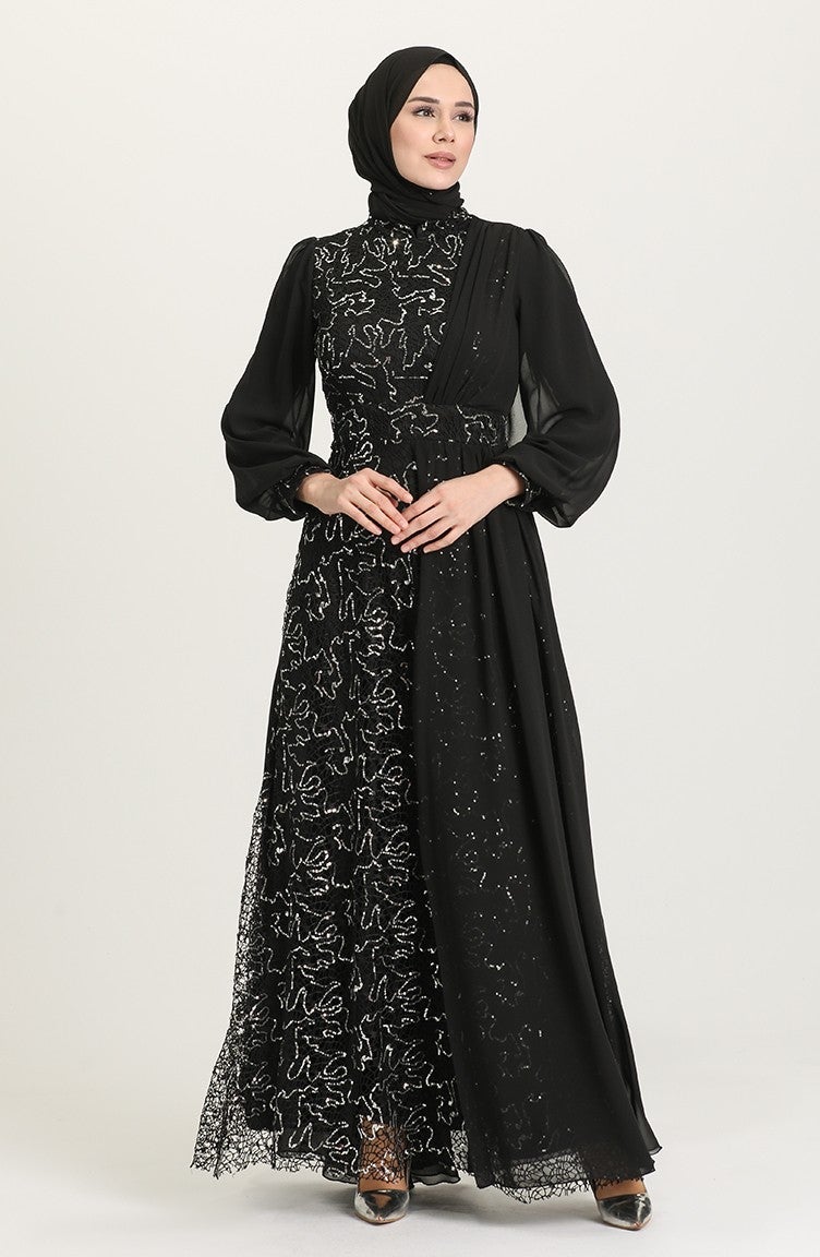 Sefa Merve Sequin Evening Dress 5408A-03 Black Silver - Image 2