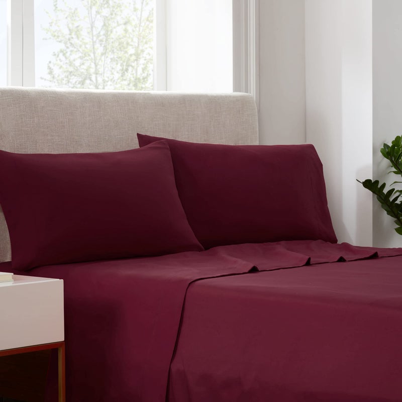 Serta Simply Clean Super Soft Hypoallergenic Stain Resistant Deep Pocket 4 Pieces Solid Bed Sheet Set, Queen, Burgundy - Image 1