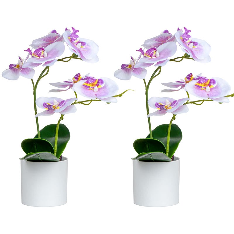 XONOR Artificial Orchid Flowers, 2 Pieces Potted Fake Orchids with Plastic Vase for Table Centerpiece Home Decor Office Wedding Party Decoration - Image 2