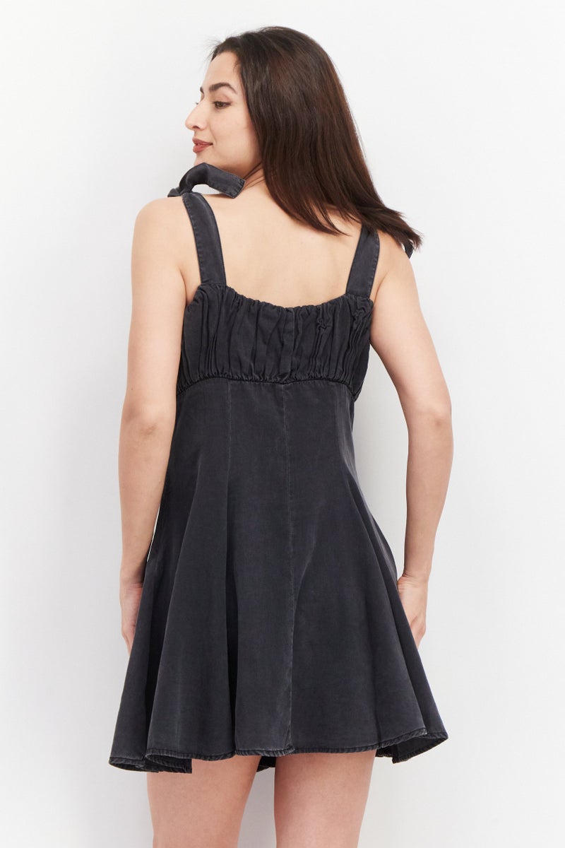 Women Washed Tie Shoulder Mini Dress, Black