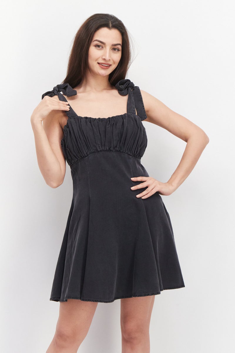 Women Washed Tie Shoulder Mini Dress, Black