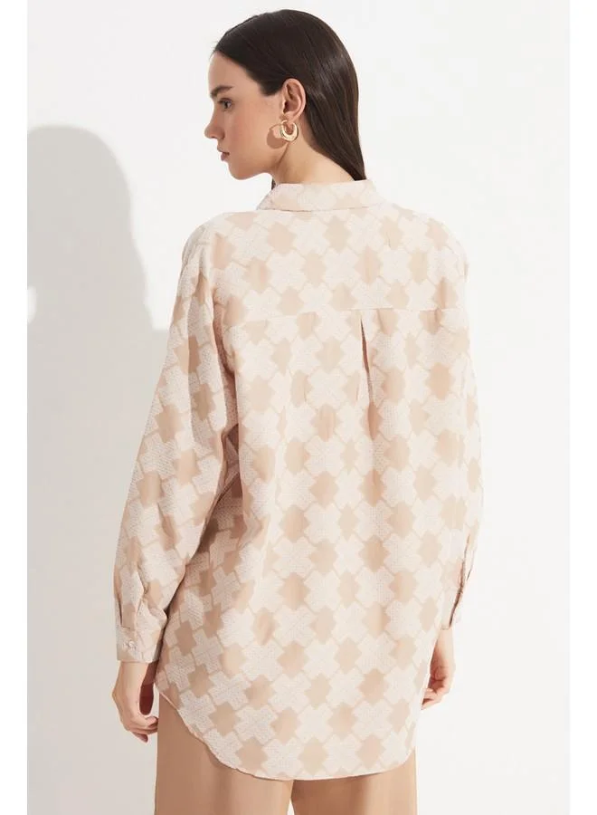 JUNE June Women Exclusive Boyfriend/Wide Fit Cotton Blend Self Patterned Shirt Beige