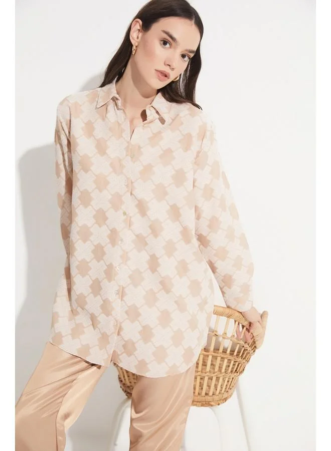 JUNE June Women Exclusive Boyfriend/Wide Fit Cotton Blend Self Patterned Shirt Beige