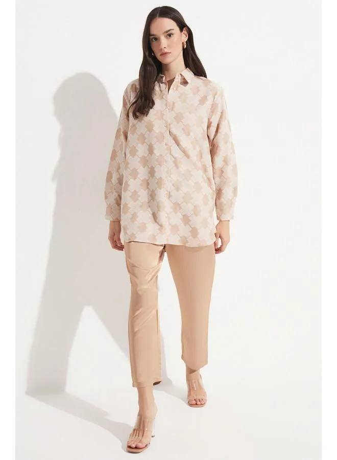 JUNE June Women Exclusive Boyfriend/Wide Fit Cotton Blend Self Patterned Shirt Beige