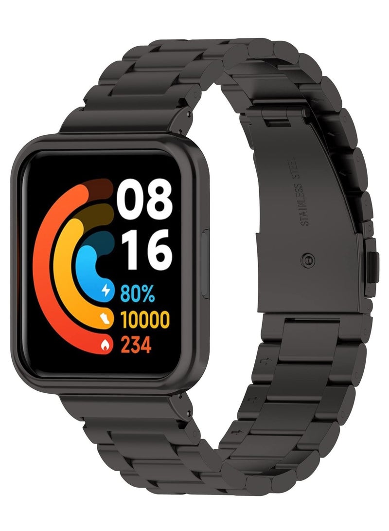 حزام معدني متوافق مع ساعة Redmi Watch 2 Lite، مع حافظة واقية من الفولاذ المقاوم للصدأ وسوار معصم معدني من الفولاذ المقاوم للصدأ وحزام بديل قابل للتعديل لساعة Redmi 2 Lite - أسود - Image 1