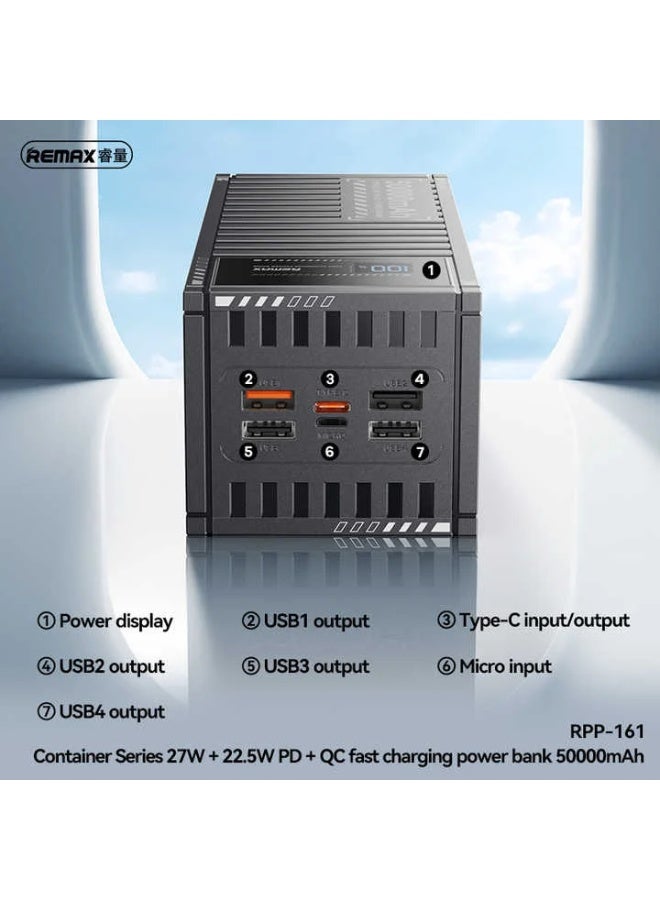 ريماكس باور بانك RPP-161 سعة 50000 مللي أمبير في الساعة، باور بانك عالي السعة مع شحن سريع 27 وات PD + 22.5 وات QC، 5 مخارج، مدخل مزدوج (Type-C وMicro USB)، شاشة LED ذكية، ونظام حماية متعدد، تصميم مستوحى من الحاوية - Image 2