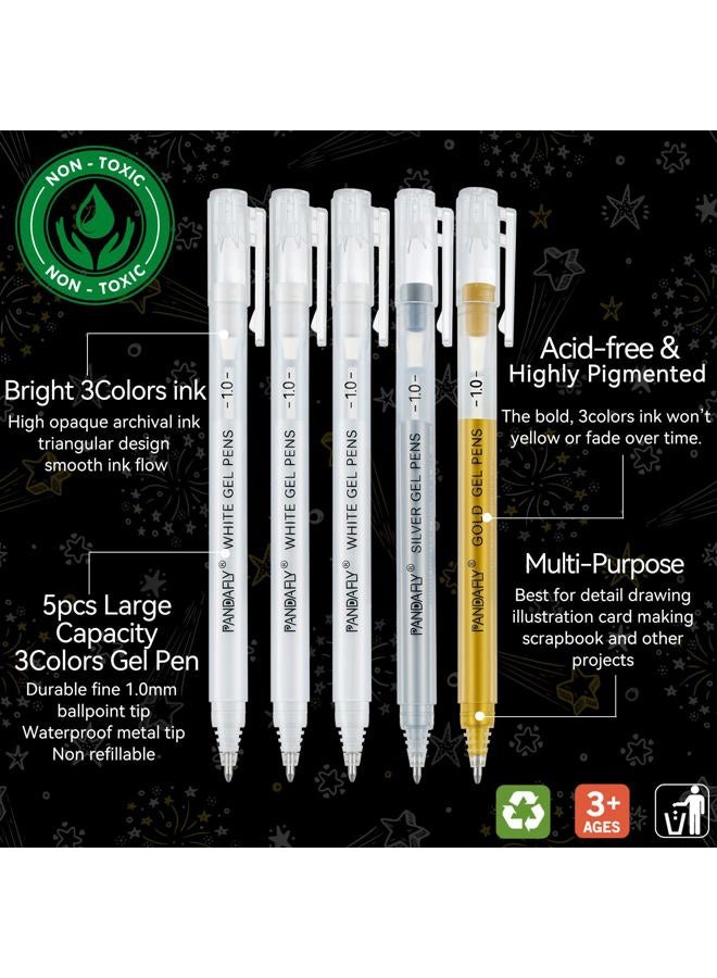 PANDAFLY Gold Silver White Gel Pens, 1mm Extra Fine Point White Pen for Art Highlight & Artists Drawing, Opaque Archival Ink Pens for Black Paper Drawing, Sketching, Illustration, Card Making, 5 Pack - Image 3