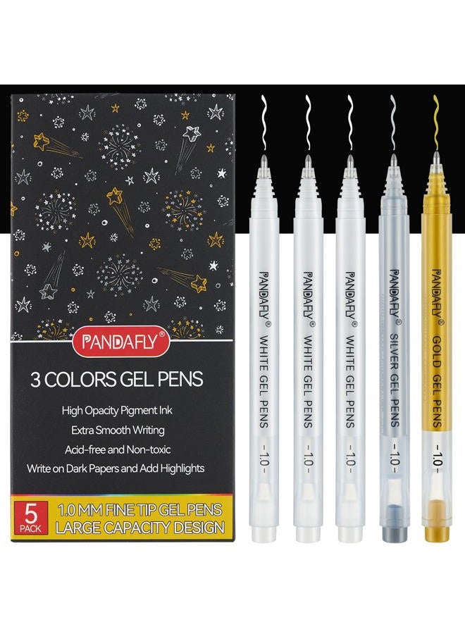 PANDAFLY Gold Silver White Gel Pens, 1mm Extra Fine Point White Pen for Art Highlight & Artists Drawing, Opaque Archival Ink Pens for Black Paper Drawing, Sketching, Illustration, Card Making, 5 Pack - Image 1