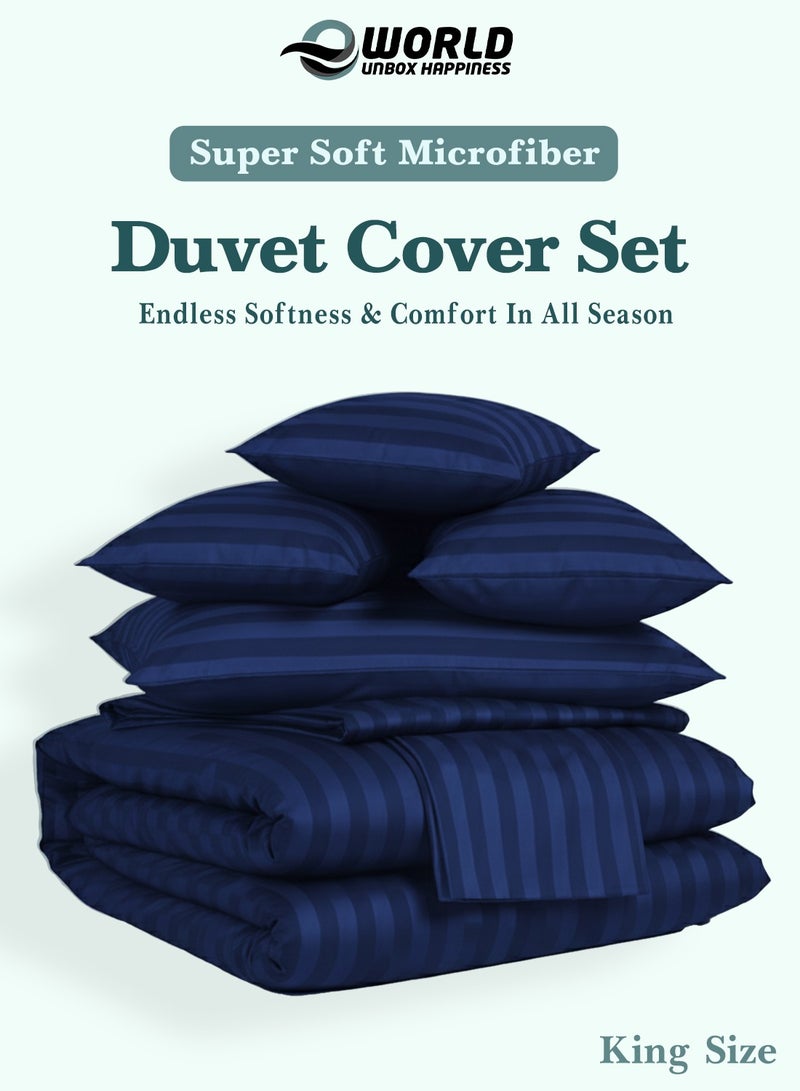Eworld Premium Striped Duvet Set All Season – 6-Pieces Set Navy Blue | King Size 220x240 cm | Ultra-Soft, Wrinkle-Resistant & Made in Dubai | Includes Duvet Cover, Fitted Sheet (200x200 cm) & 4 Pillowcases (50x70 cm) - Image 3