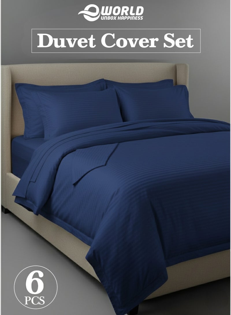 Eworld Premium Striped Duvet Set All Season – 6-Pieces Set Navy Blue | King Size 220x240 cm | Ultra-Soft, Wrinkle-Resistant & Made in Dubai | Includes Duvet Cover, Fitted Sheet (200x200 cm) & 4 Pillowcases (50x70 cm) - Image 1