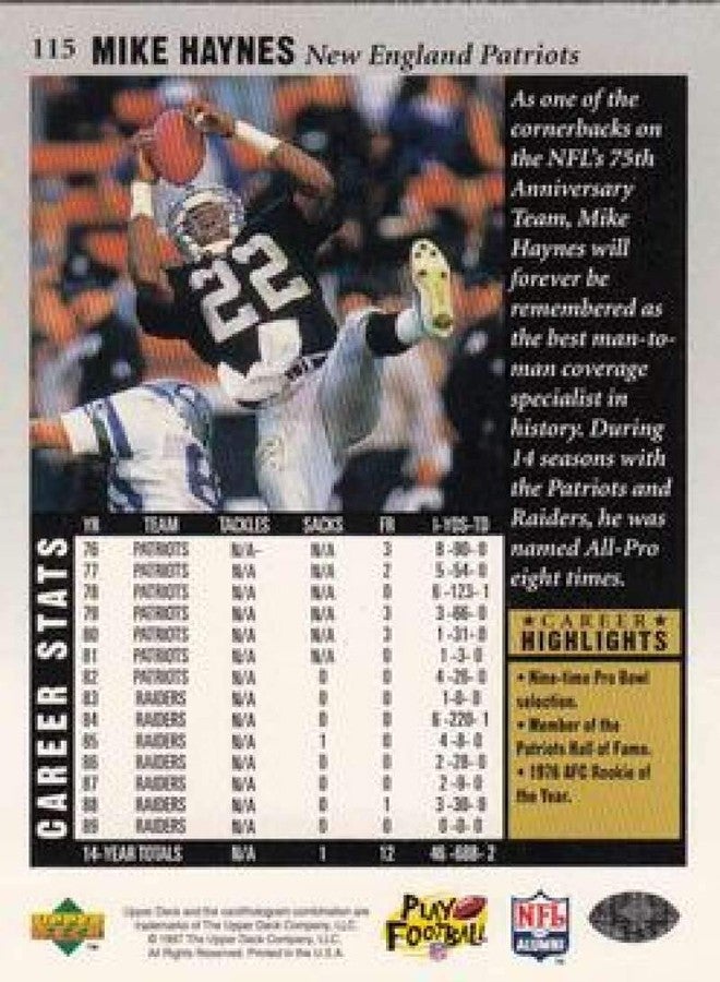 Upper Deck 1997 UD Legends Football #115 Mike Haynes New England Patriots Official Upper Deck NFL Alumni Trading Card - Image 2