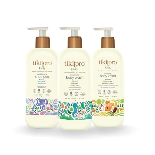 Tikitoro Kids Body and Hair Combo Offer Pack - 300ml x 3, Nourishing Body wash, Conditioning Shampoo & Soothing Body Lotion, Gift Sets for Kids, 100% Vegan, Age: 4+ Years. - Image 1