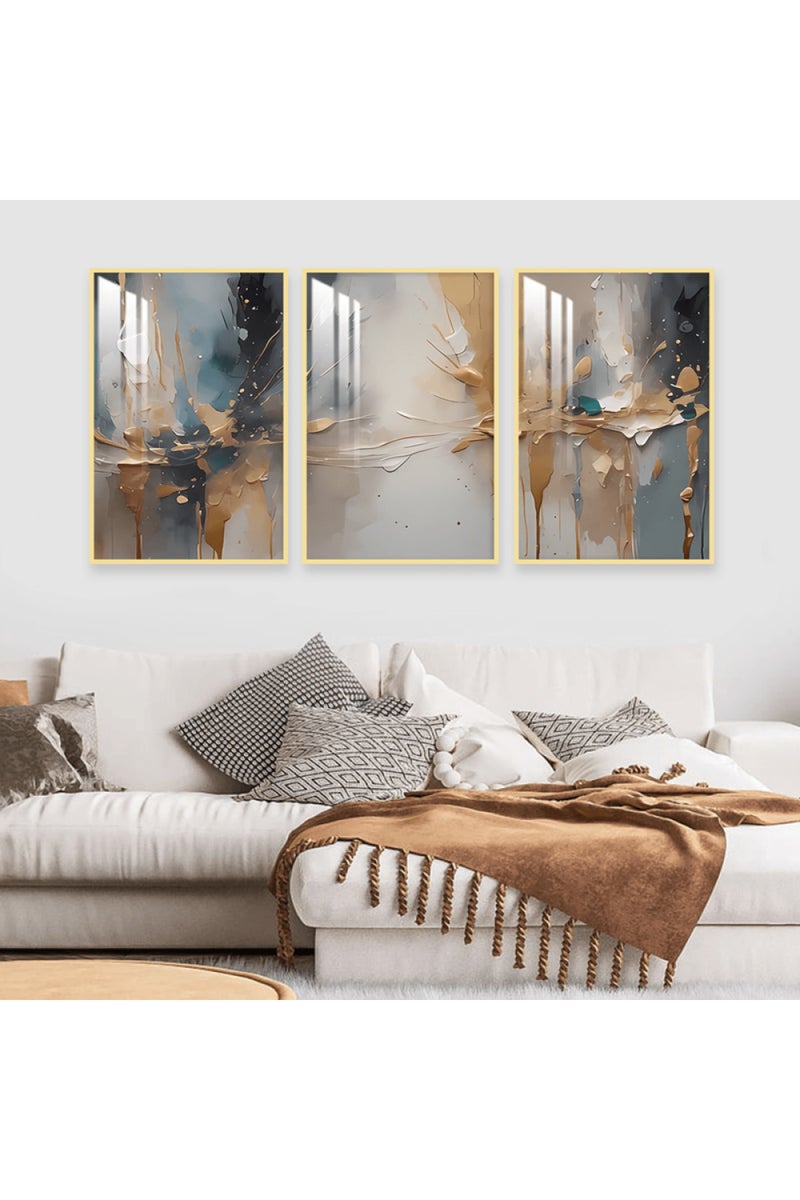 Marktna Three wooden wall painting in a bohemian art design with a frame and a clear acrylic layer - Image 1