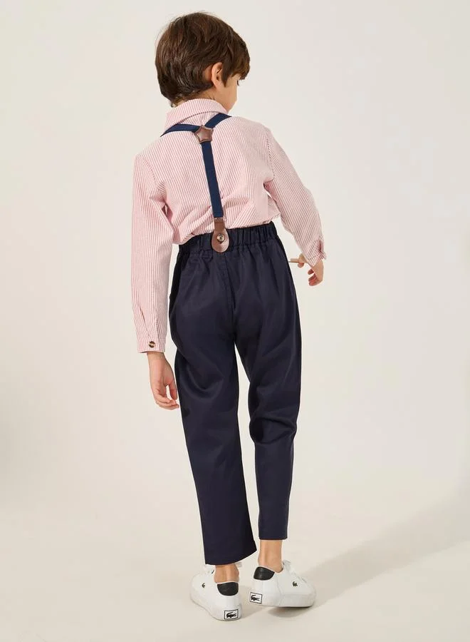 Styli Styli Boys Striped Long Sleeve Shirt and Pants Set with Bow and Suspender