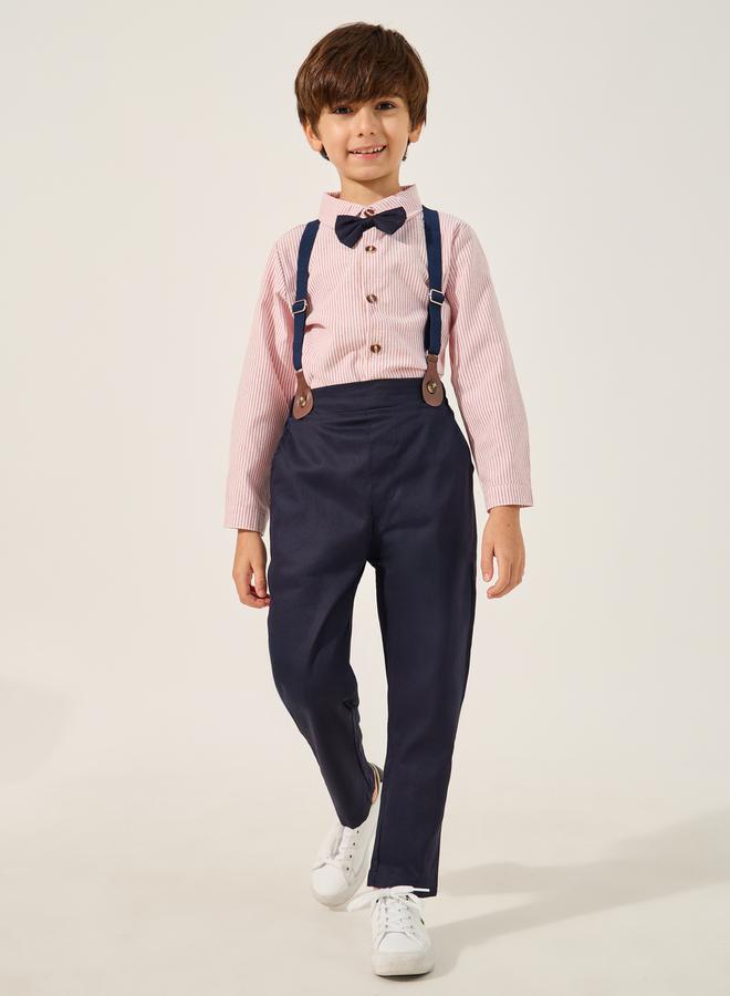 Styli Styli Boys Striped Long Sleeve Shirt and Pants Set with Bow and Suspender  - Image 1