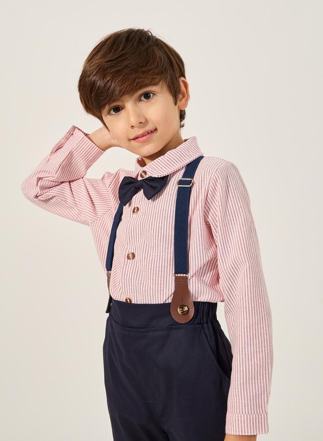 Styli Styli Boys Striped Long Sleeve Shirt and Pants Set with Bow and Suspender  - Image 2