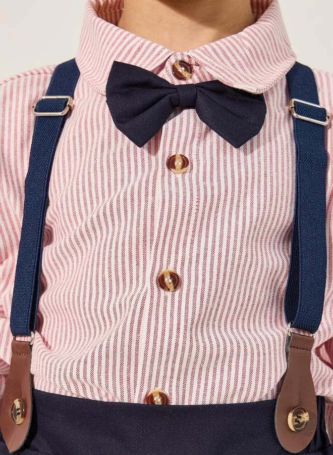 Styli Styli Boys Striped Long Sleeve Shirt and Pants Set with Bow and Suspender