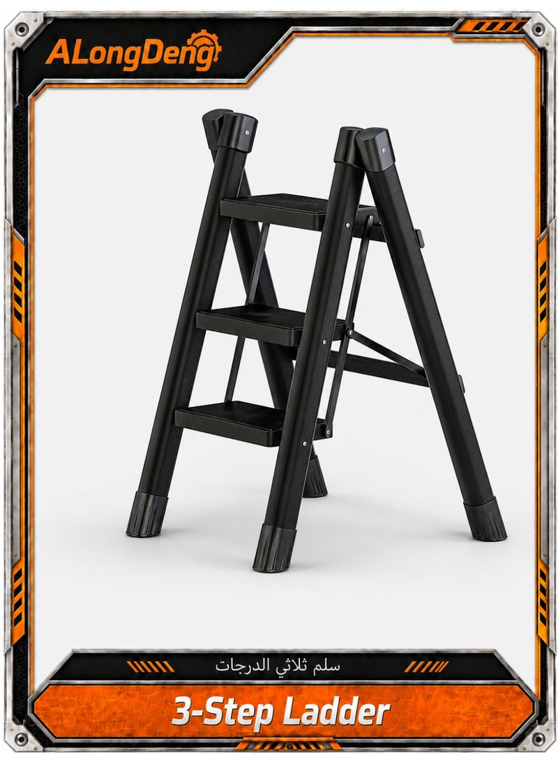 ALongDeng Step Ladder Foldable Ladder 3 Steps with Wide Anti-Slip Pedal Adults Folding Sturdy Steel Ladder for Home Kitchen Garden Office Bearing Capacity 150kg - Image 1