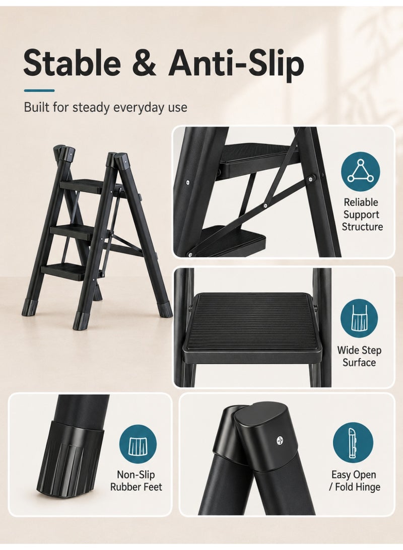 ALongDeng Step Ladder Foldable Ladder 3 Steps with Wide Anti-Slip Pedal Adults Folding Sturdy Steel Ladder for Home Kitchen Garden Office Bearing Capacity 150kg - Image 3