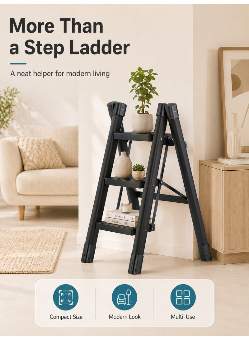 ALongDeng Step Ladder Foldable Ladder 3 Steps with Wide Anti-Slip Pedal Adults Folding Sturdy Steel Ladder for Home Kitchen Garden Office Bearing Capacity 150kg - Image 4