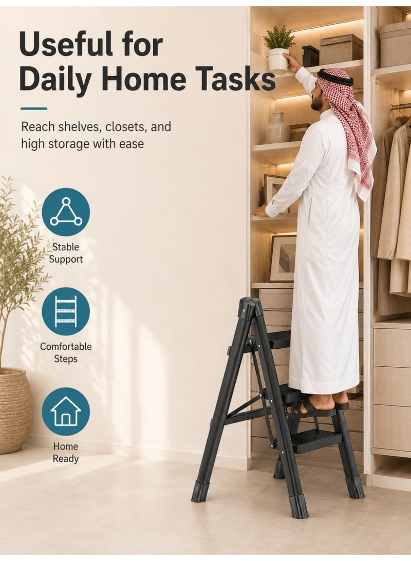 ALongDeng Step Ladder Foldable Ladder 3 Steps with Wide Anti-Slip Pedal Adults Folding Sturdy Steel Ladder for Home Kitchen Garden Office Bearing Capacity 150kg - Image 5