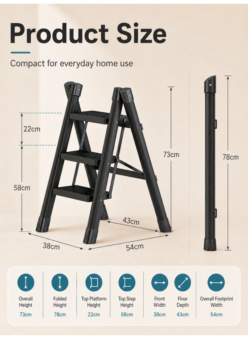 ALongDeng Step Ladder Foldable Ladder 3 Steps with Wide Anti-Slip Pedal Adults Folding Sturdy Steel Ladder for Home Kitchen Garden Office Bearing Capacity 150kg - Image 2