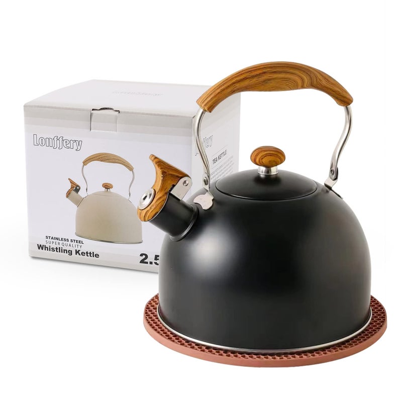 LONFFERY Tea Kettle for Stove Top 25 Quart Whistling Tea Kettle with Food Grade Stainless Steel and Wood Pattern Folding Handle Black