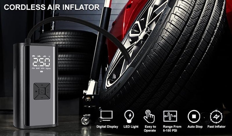Portable Tyre Inflator 150 PSI – Digital Air Compressor with Pressure Gauge & LED Light, USB Rechargeable Pump for Car, Bike, Motorcycle, Balls – Compact, Cordless, Auto Shut-Off - Image 2