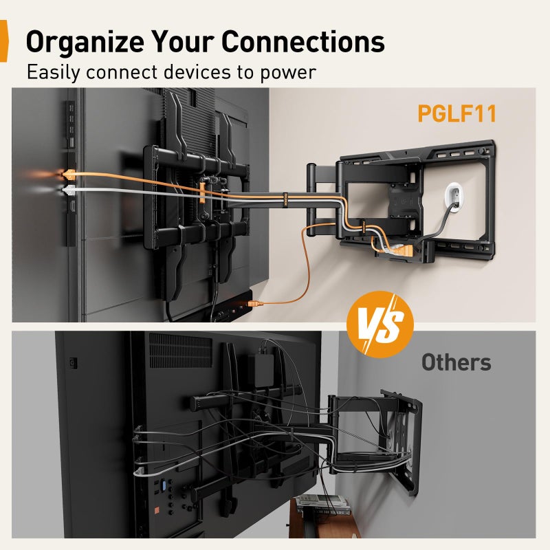 Perlegear Full Motion TV Wall Mount with Power Strip for 42â€“90 Inch TVs up to 150 lbs, Pre-Assembled TV Mount Has Smooth Swivel, Tilt, Extension, Max VESA 600x400mm, 12â€œ/16â€/24â€ Wood Studs, PGLF11 - Image 3
