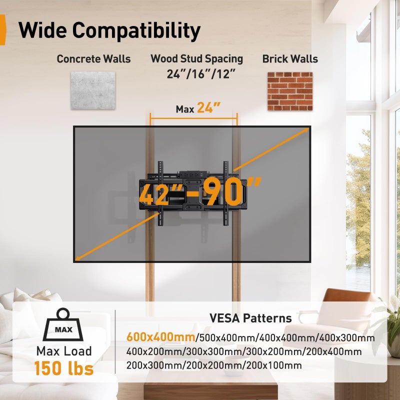 Perlegear Full Motion TV Wall Mount with Power Strip for 42â€“90 Inch TVs up to 150 lbs, Pre-Assembled TV Mount Has Smooth Swivel, Tilt, Extension, Max VESA 600x400mm, 12â€œ/16â€/24â€ Wood Studs, PGLF11 - Image 2